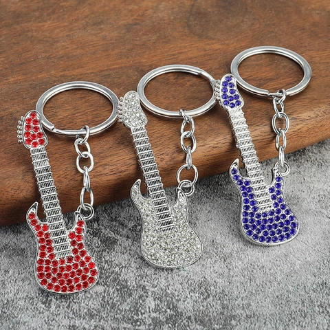 Porte-clés Guitare Électrique Pendentif Instrument De Musique En Alliage Strass Étincelant Décor De Sac Cadeau Musique
