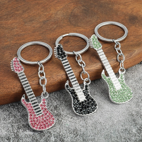 Porte-clés Guitare Électrique Pendentif Instrument De Musique En Alliage Strass Étincelant Décor De Sac Cadeau Musique