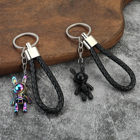 Astronaut Weltraum Hase Schlüsselanhänger Metalllegierung Mit PU Leder Geflochtenem Seil Kreativer Auto Rucksack Charm