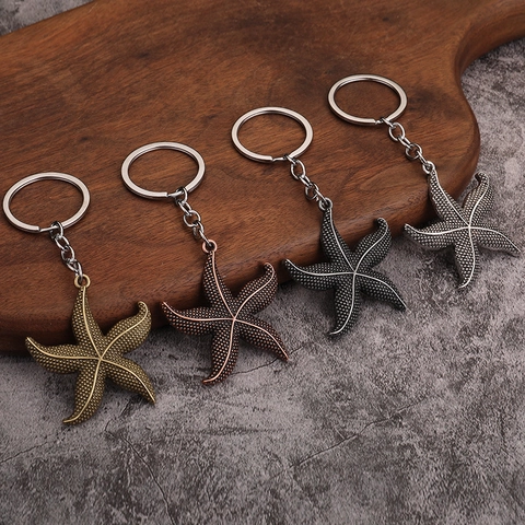 Starfish Keychain Zinc Alloy Ocean Theme Textured Marine Pendant Retro Metal Key Ring Souvenir Gift For Bag Decor