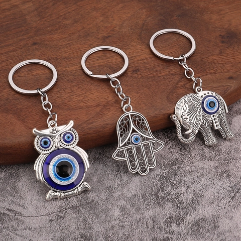 Evil Eye Schlüsselanhänger Eule Hamsa Hand Elefant Anhänger Vintage Zinklegierung Ethno Nazar Amulett Schlüsselring