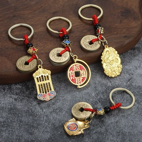 Portachiavi Stile Cinese Tradizionale Lega Zinco Monete Antiche Abaco Zucca Ciondolo Portafortuna Corda Intrecciata Rossa Retro