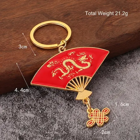 Porte-clés Éventail Style Chinois Alliage De Zinc Émail Dragon Relief Pendentif Nœud Chinois Rouge Traditionnel
