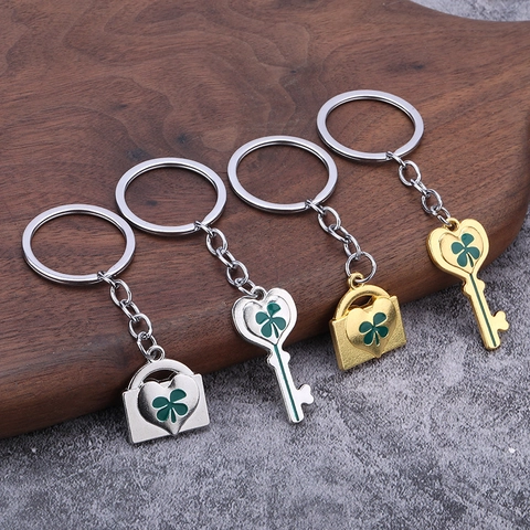 Porte-Clés Trèfle À Quatre Feuilles Alliage Zinc Chance Cœur Serrure Et Clé Charme Pour Couples Cadeau