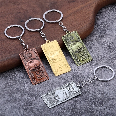 Porte-clés Hip Hop Billet de 100 Dollars US Alliage de Zinc Métal Pendentif Argent Porte-clés Hommes Femmes Rétro Créatif Cadeau