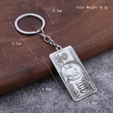 Porte-clés Hip Hop Billet de 100 Dollars US Alliage de Zinc Métal Pendentif Argent Porte-clés Hommes Femmes Rétro Créatif Cadeau