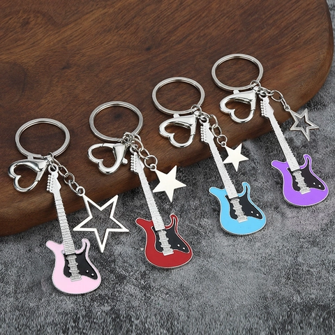 Electric Guitar Keychain Zinc Alloy Enamel Drip Oil Musical Instrument Bag Pendant Heart Clasp Star Charm Rock Style