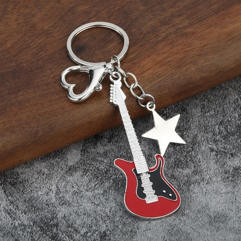 Electric Guitar Keychain Zinc Alloy Enamel Drip Oil Musical Instrument Bag Pendant Heart Clasp Star Charm Rock Style