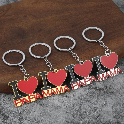 Llavero de Corazón de Esmalte Aleación de Zinc I Love Papa Mama Anillo de Llave Para Día del Padre Madre Regalo Familia