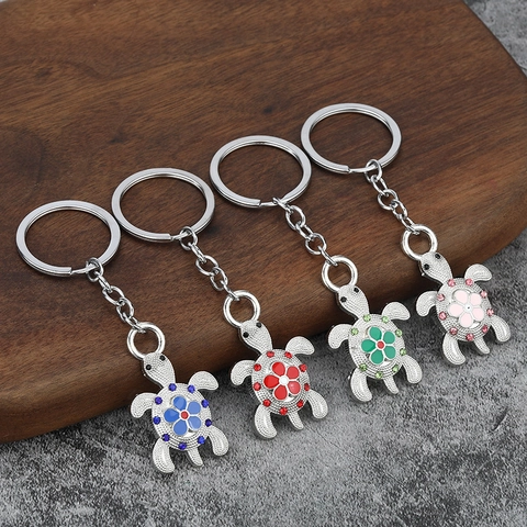 Portachiavi Tartaruga Lega Zinco Strass Smalto Fiore Tartaruga Marina Pendente Anello Chiave Auto Donne Uomini Fascino Borsa