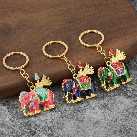 Olifant Sleutelhanger Zinklegering Emaille Etnische Thaise Stijl Kleurrijk Dier Auto Sleutelring Tas Hanger Cadeau