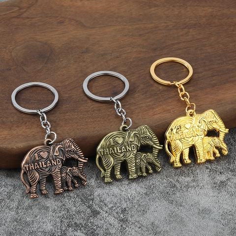Porte-Clés Double Éléphant En Alliage De Zinc Vintage Avec Pendentif Souvenir I Love Thailand Pour Cadeau De Voyage