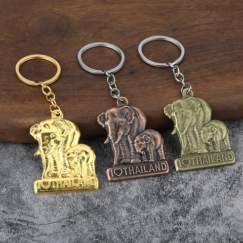 Thailand Elephant Keychain Zinc Alloy Metal 3D Relief Mother Baby Pendant Retro Souvenir Bag Hanging Ornament
