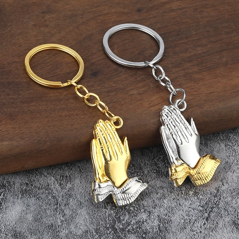 Praying Hands Keychain Metal Religious Jewelry Two Tone Gold Silver Color Pendant Keyring For Men Women