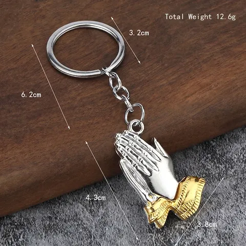 Praying Hands Keychain Metal Religious Jewelry Two Tone Gold Silver Color Pendant Keyring For Men Women