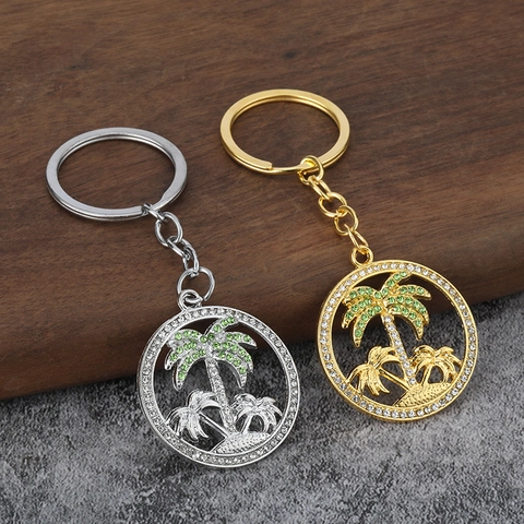 Coconut Tree Keychain Palm Tree Rhinestone Alloy Circular Pendant Tropical Beach Style Keyring Gift For Women