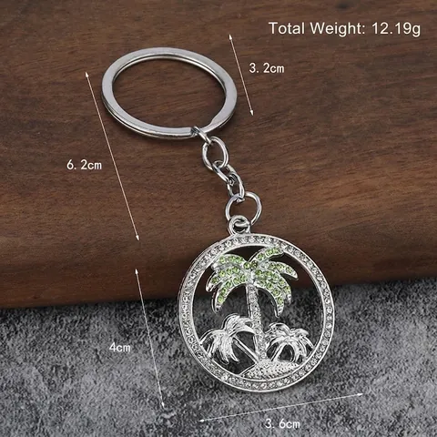 Coconut Tree Keychain Palm Tree Rhinestone Alloy Circular Pendant Tropical Beach Style Keyring Gift For Women