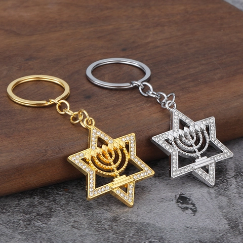 Porte-clés Étoile De David Menorah Alliage De Zinc Strass Religieux Juif Hanoukka Cadeau Accessoire