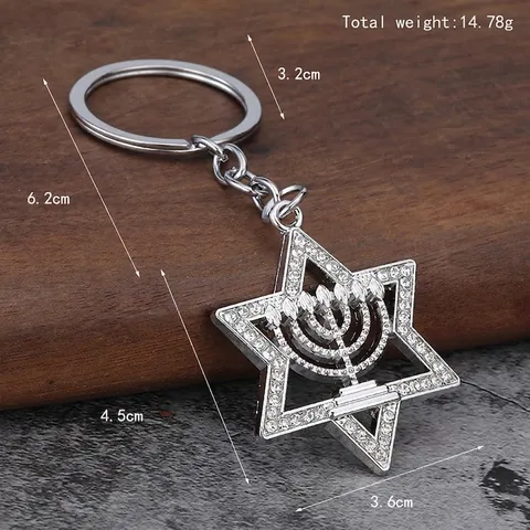 Porte-clés Étoile De David Menorah Alliage De Zinc Strass Religieux Juif Hanoukka Cadeau Accessoire