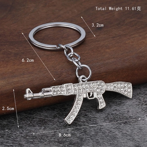 Assault Rifle Keychain Alloy Rhinestone Full Drill Iced Out Bling Punk Hip Hop Gun Pendant Key Ring For Men Women