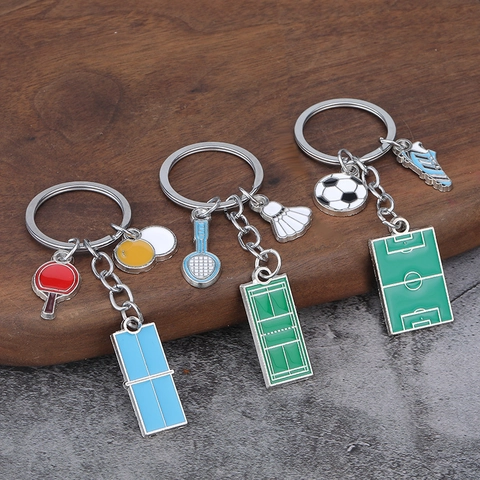 Sports Theme Metal Keychains Zinc Alloy Pendant Football Basketball Badminton Table Tennis Mini Court Equipment Novelty Gift