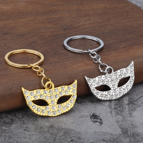 Masquerade Mask Keychain Zinc Alloy Rhinestone Inlaid Half Face Cat Eye Pendant Key Ring For Women Bags Or Keys