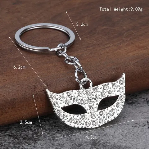 Masquerade Mask Keychain Zinc Alloy Rhinestone Inlaid Half Face Cat Eye Pendant Key Ring For Women Bags Or Keys