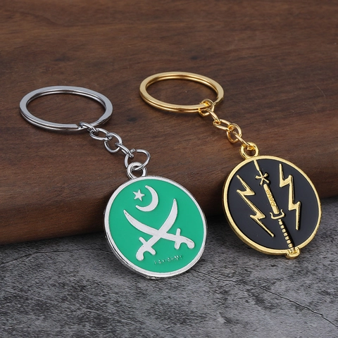 Portachiavi In Lega Di Zinco Smalto Ciondolo Rotondo Stemma Militare Motivo Stella Luna Spade Incrociate Accessorio Borsa