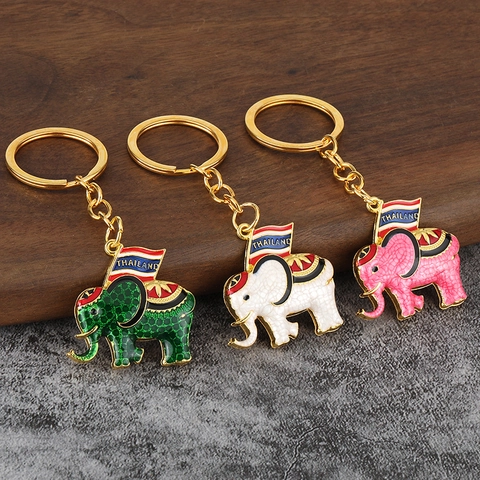 Portachiavi Elefante Thailandia Lega Zinco Smalto Placcato Oro Colorato Souvenir Ciondolo Borsa Regalo Viaggio