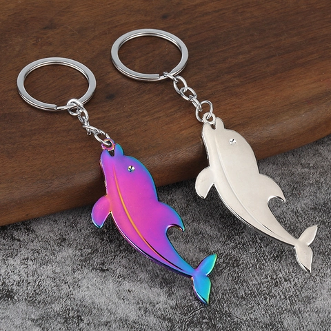 Portachiavi Delfino In Metallo Lega Di Zinco Iridescente Arcobaleno Argento Lucidato Souvenir Animale Marino Pendente Accessorio