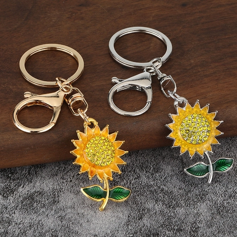 Porte-Clés Tournesol Alliage De Zinc Strass Jaune Fleur Feuille Émaillée Charme De Sac Bijoux Accessoires Pour Femmes