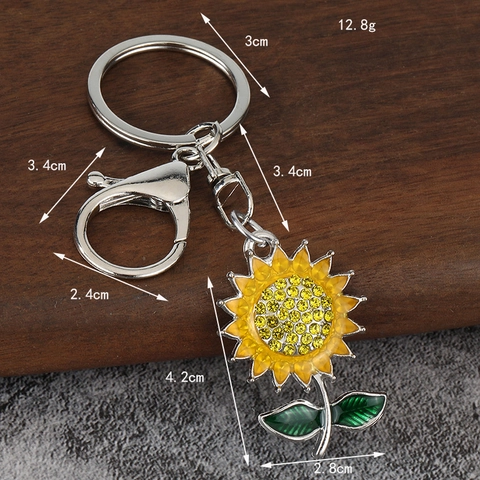 Porte-Clés Tournesol Alliage De Zinc Strass Jaune Fleur Feuille Émaillée Charme De Sac Bijoux Accessoires Pour Femmes