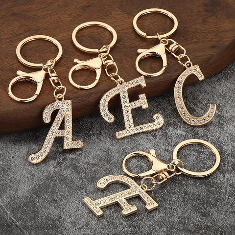 Llavero Con Letra Inicial Del Alfabeto De Moda Aleación De Zinc Diamantes De Imitación Brillantes Llavero Dorado Adorno De Bolso Regalo