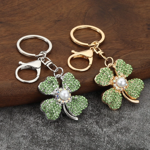 Portachiavi Quadrifoglio Con Strass Cristallo Imitazione Perla Artificial Lega Di Zinco Pendente Per Borsa Da Donna