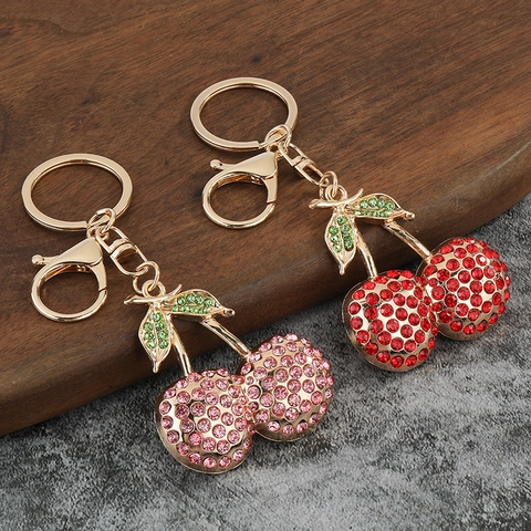 Porte-clés Ciliegia Metallo Strass Forma Frutta Fascino Borsa Pendente Lega Zinco Dorato Per Donne Ragazze Regalo San Valentino
