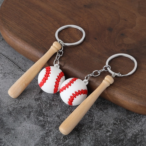 Honkbal Sleutelhanger Met Mini Houten Knuppel En Siliconen Bal Sport Thema Tas Hanger Voor Fans Atleten