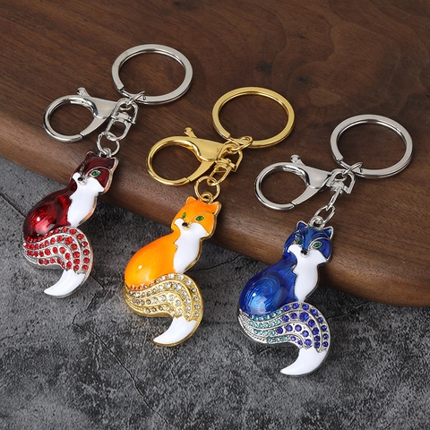 Portachiavi Volpe Smalto Lega Di Zinco Strass Simpatico Animale Ciondolo Per Borsa Accessorio Per Chiavi Auto Alla Moda
