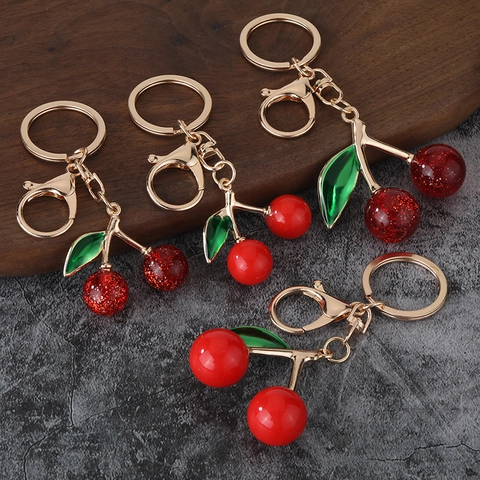Llavero De Fruta Cereza Aleación De Zinc Resina Esmalte Hoja Verde Brillo Rojo Amuleto Para Bolso Accesorio De Moda