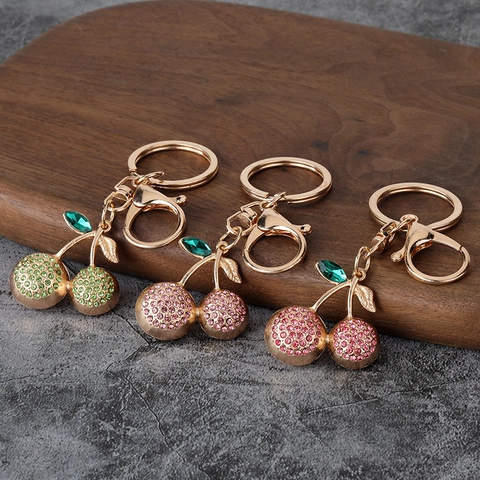 Kersenvorm Strass Metalen Sleutelhanger Zinklegering Tas Hanger Auto Sleutelring Glimmend Fruit Accessoire Voor Dames