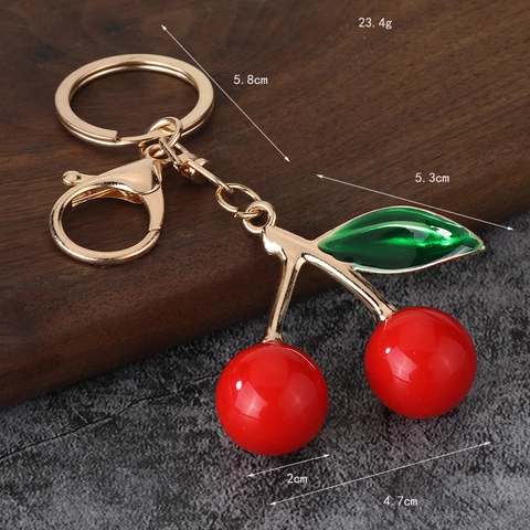 Llavero De Fruta Cereza Aleación De Zinc Resina Esmalte Hoja Verde Brillo Rojo Amuleto Para Bolso Accesorio De Moda
