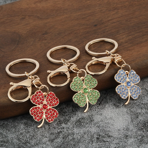 Porte-Clés Trèfle Alliage De Zinc Strass Pendentif Scintillant Charme De Sac Plaqué Or Avec Fermoir Mousqueton