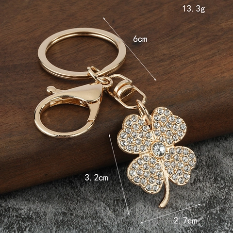 Porte-Clés Trèfle Alliage De Zinc Strass Pendentif Scintillant Charme De Sac Plaqué Or Avec Fermoir Mousqueton