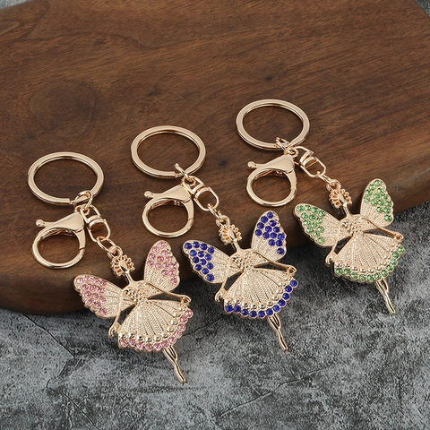 Llavero De Hada Bailarina De Ballet Aleación Chapada En Oro Diamantes De Imitación Alas De Mariposa Ángel Niña Amuleto De Bolso