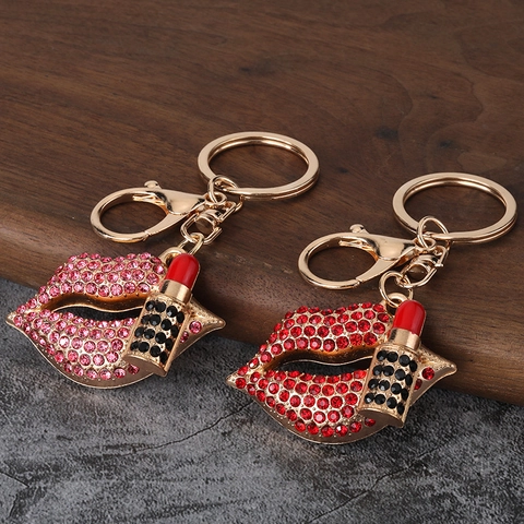 Rhinestone Lips And Lipstick Keychain Zinc Alloy Bag Charm Women Fashion Accessories Gold Plated Sparkly Metal Key Ring