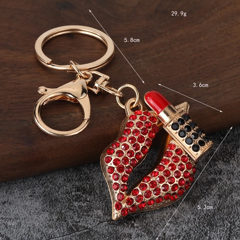 Rhinestone Lips And Lipstick Keychain Zinc Alloy Bag Charm Women Fashion Accessories Gold Plated Sparkly Metal Key Ring
