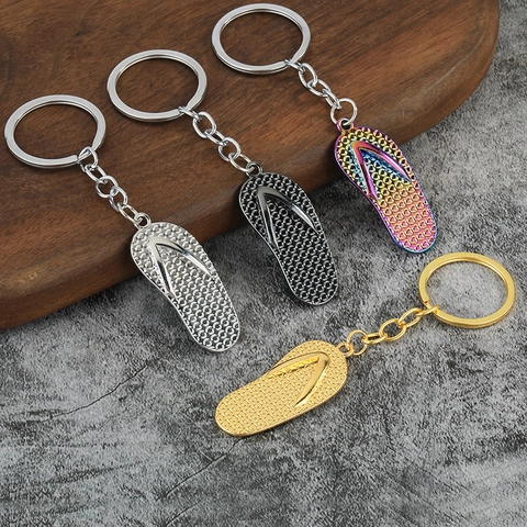 Flip-Flop Keychain Zinc Alloy Metal Sandal Shape Textured Pendant Creative Bag Charm Souvenir Gift For Men Women
