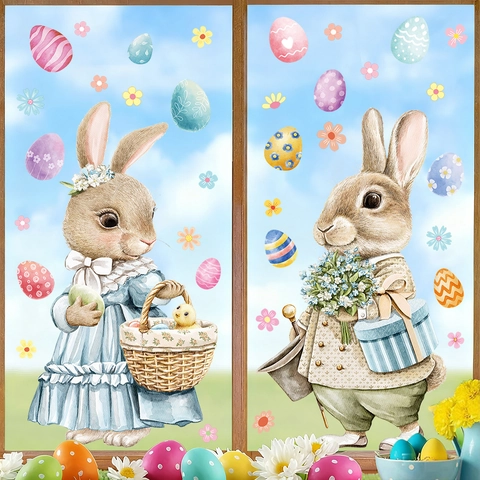Easter Window Clings Static Double Sided Watercolor Rabbit Colorful Eggs Glass Decals Reusable Holiday Home Decor