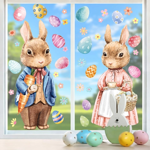 Adesivi Per Finestre Di Pasqua Doppio Lato Statici PVC Coniglio Uovo Fiore Decorazione Per Porta In Vetro Casa Festival