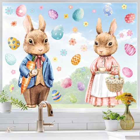 Adesivi Per Finestre Di Pasqua Doppio Lato Statici PVC Coniglio Uovo Fiore Decorazione Per Porta In Vetro Casa Festival