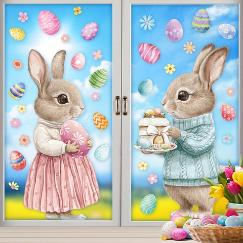 Easter Window Clings Double Sided Static Rabbit Bunny Colorful Eggs Flower Stickers For Glass Mirror Home Decor